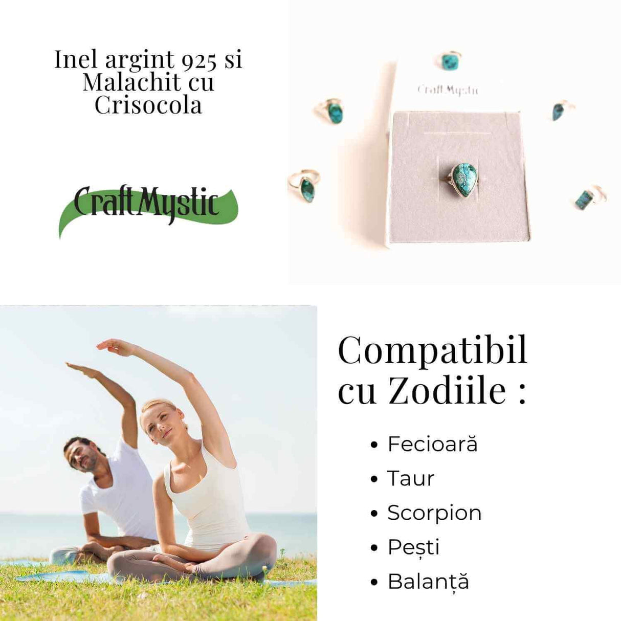 Inel cu Malachit si Crisocola Montura din Argint 925 - Protectie energetica si echilibru emotional,6.80gr
