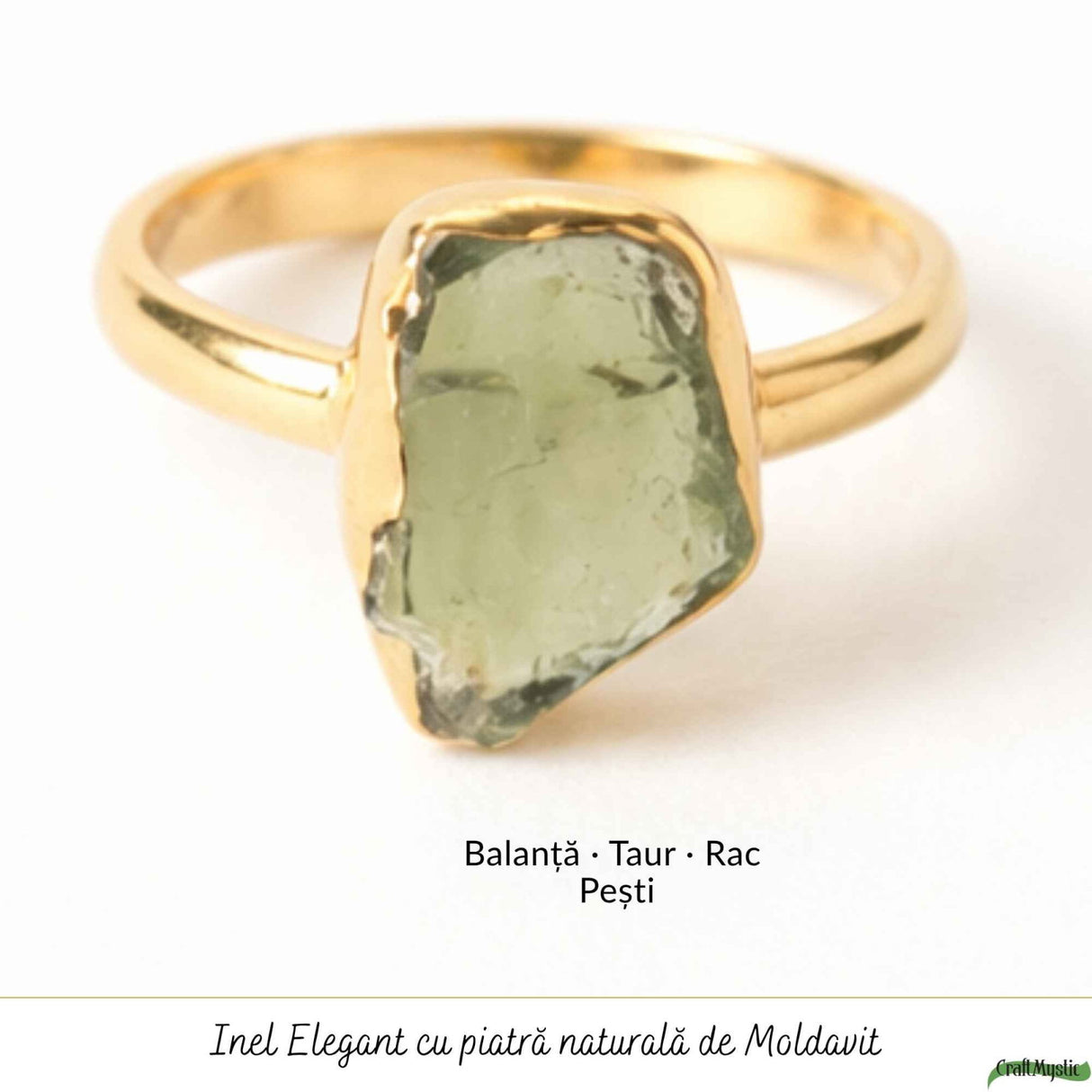 Inel cu Moldavit Brut si Argint 925 Placat Aur 18K, M8.5/58 - Protectie si Intuitie