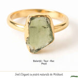 Inel cu Moldavit Brut si Argint 925 Placat Aur 18K, M8.5/58 - Protectie si Intuitie