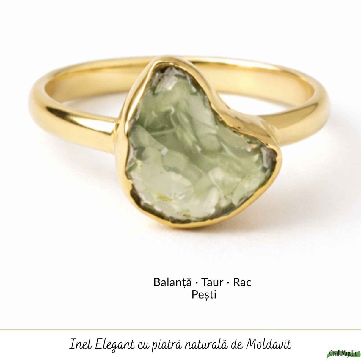 Inel Elegant cu Moldavit Natural, Argint 925 Placat cu Aur 18K, M8/56 - Vibratii Inalte