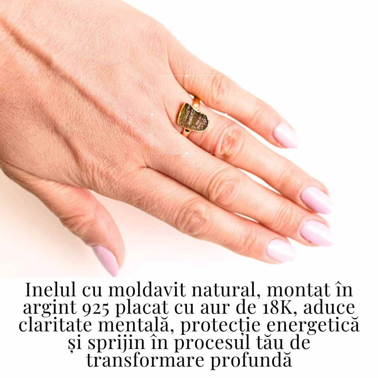 Inel cu Moldavit din Argint 925 placat cu Aur de 18K 3.08 gr Marime 54 (EU) / 7 (US) - Activare Energetica si Evolutie Spirituala