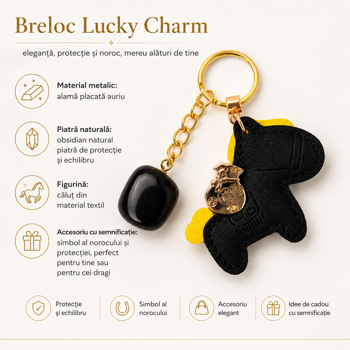 Breloc cu Obsidian Natural și Căluț Norocos – Protecție, Curaj și Echilibru Zilnic