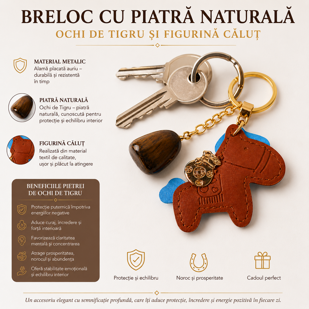 Breloc cu Ochi de Tigru Natural și Căluț – Protecție, Curaj și Noroc Zilnic