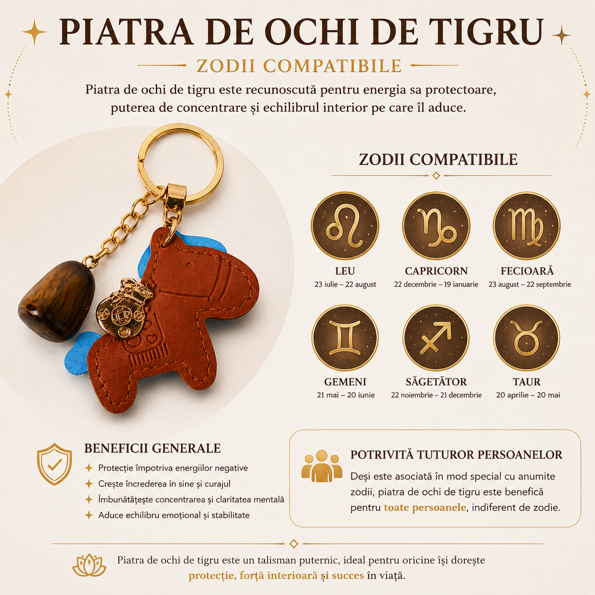 Breloc cu Ochi de Tigru Natural și Căluț – Protecție, Curaj și Noroc Zilnic