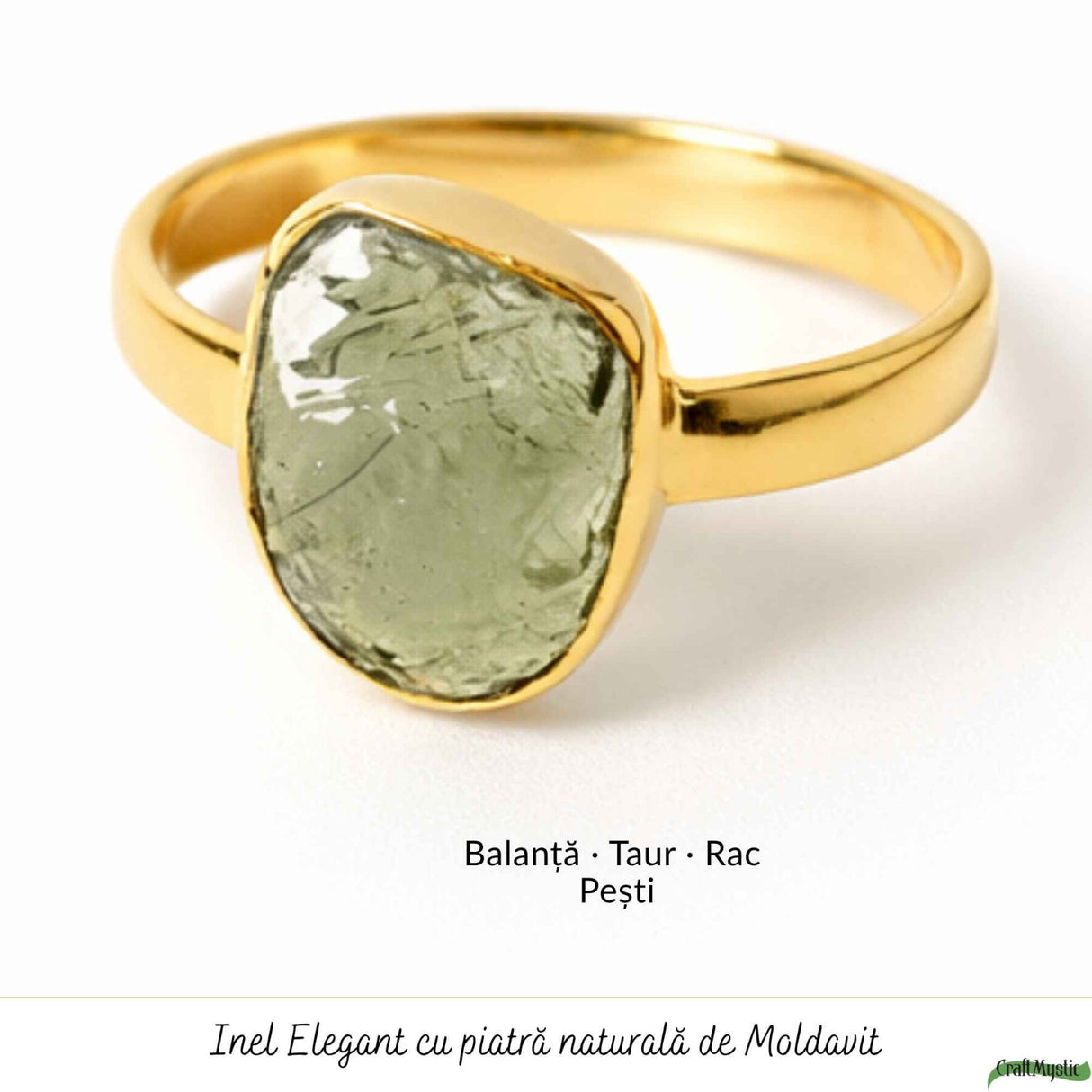 Inel cu Moldavit Natural si Argint 925 Placat Aur 18K, M10.5/63 - Energie Universala