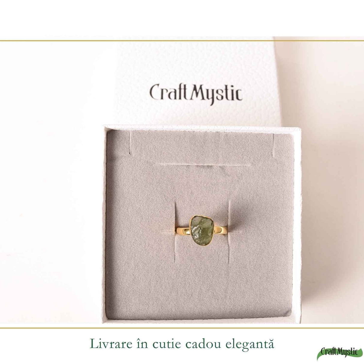 Inel cu Moldavit Natural si Argint 925 Placat Aur 18K, M10.5/63 - Energie Universala