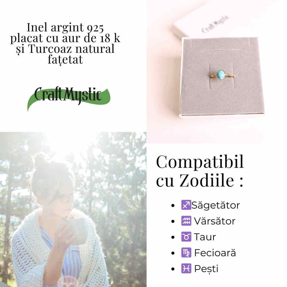 Inel argint 925 placat cu aur 18K si Turcoaz natural fatetat - Protectie, claritate si comunicare
