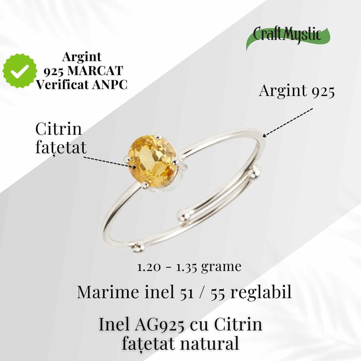Inel reglabil din argint 925 cu citrin fatetat, o bijuterie care aduce lumina si claritate in ritmul zilnic