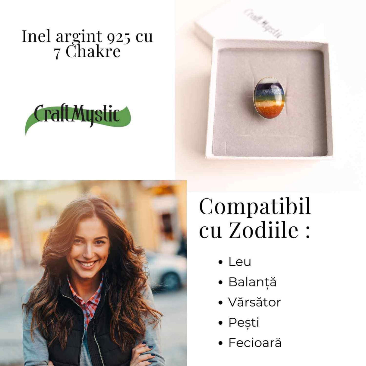 Inel Ajustabil din Argint 925 cu Pietrele celor 7 Chakre - Armonie Energetica si Echilibru Interior
