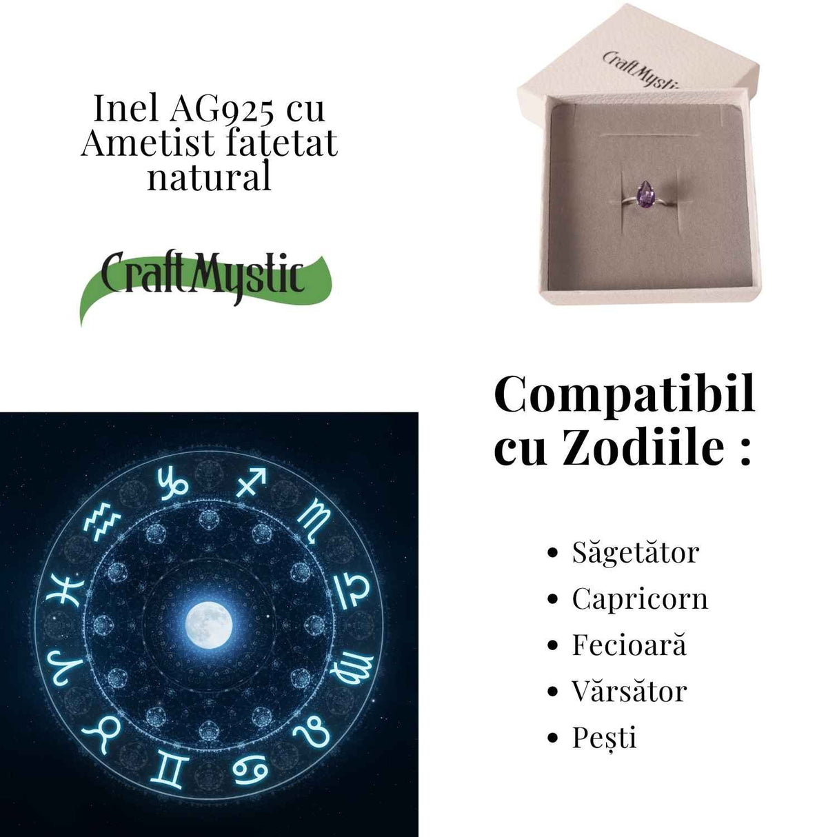 Inel reglabil din argint 925 cu ametist fatetat lacrima, pentru calm si claritate interioara