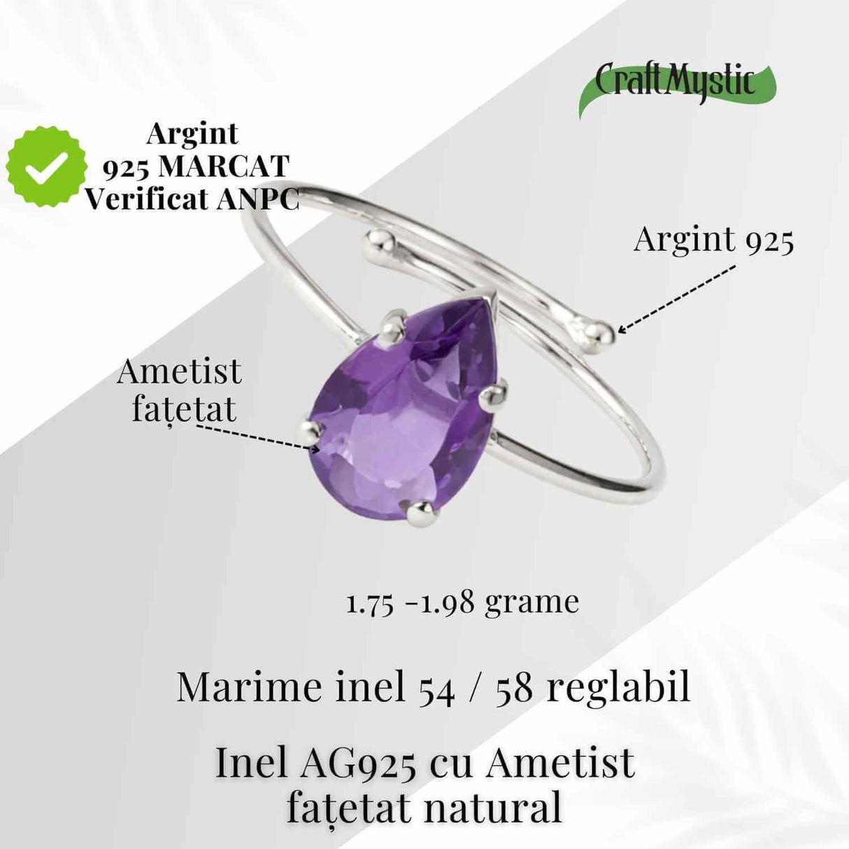 Inel reglabil din argint 925 cu ametist fatetat lacrima, pentru calm si claritate interioara