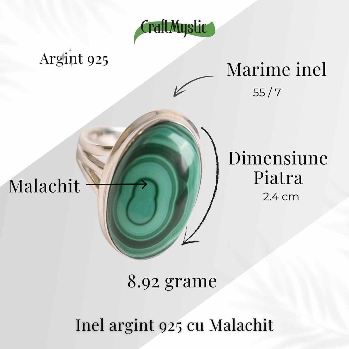 Inel din Argint 925 cu Malachit Natural 8.92 gr M55/7- Protectie Energetica si Echilibru Emotional in Fiecare Zi