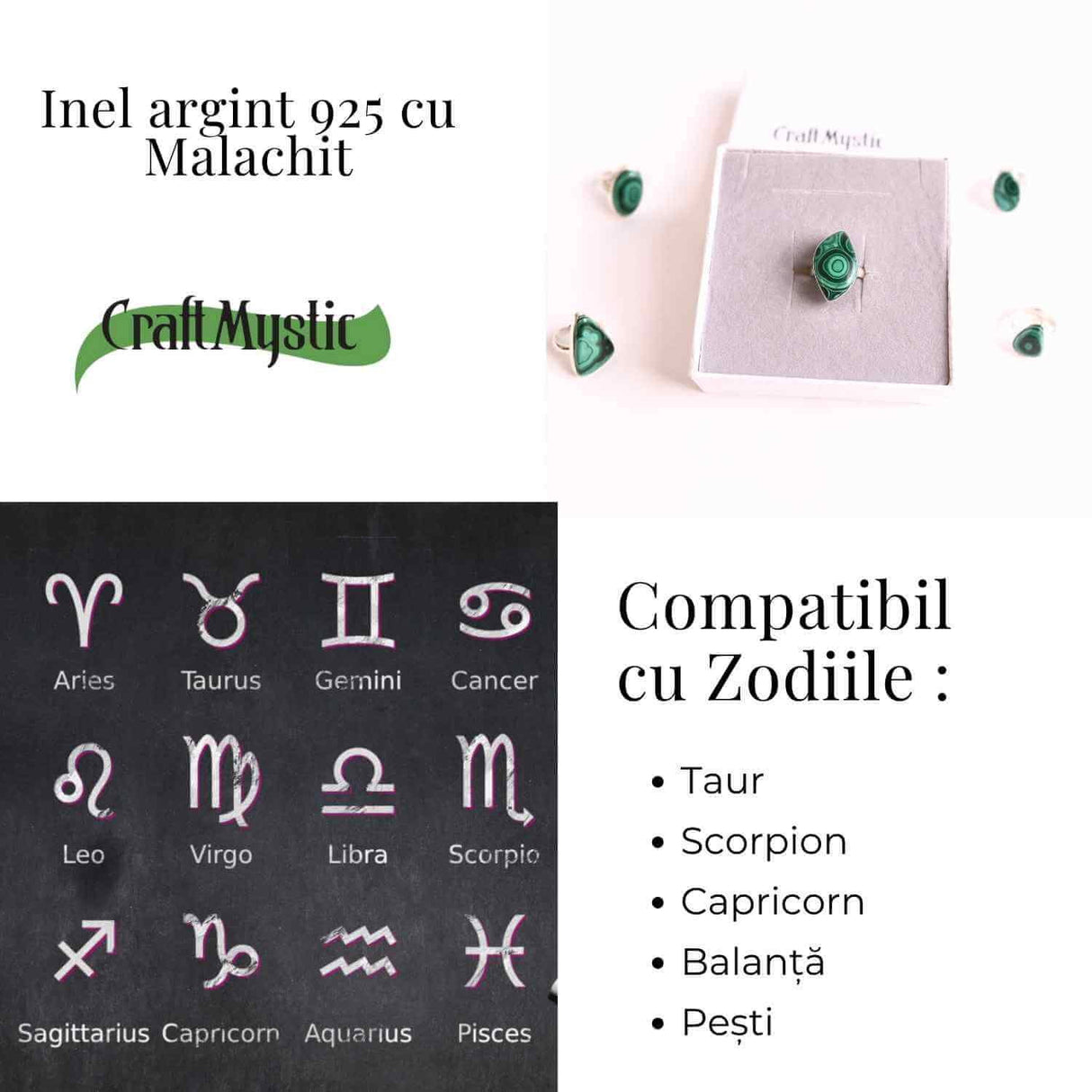Inel din Argint 925 cu Malachit Natural 7.36 gr M52/6-Protectie Energetica si Echilibru Emotional in Timpul Transformarilor Interioare