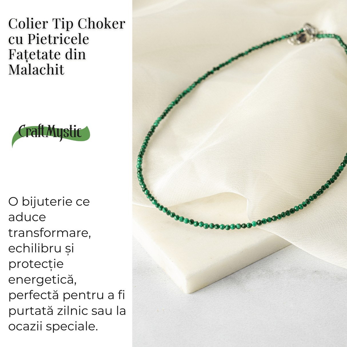 Energie si Echilibru - Choker din Otel Inoxidabil cu Malachit Natural Fatetat
