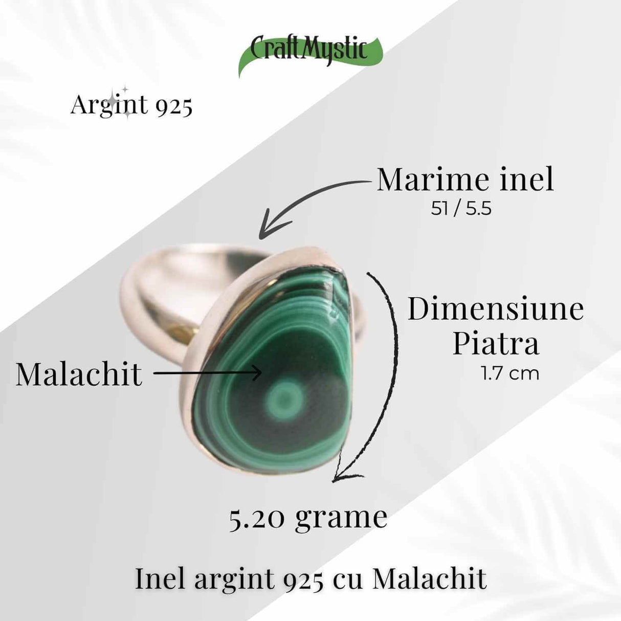 Inel din Argint 925 cu Malachit Natural 5.20 gr M51/5.5-Protectie Energetica si Transformare Interioara