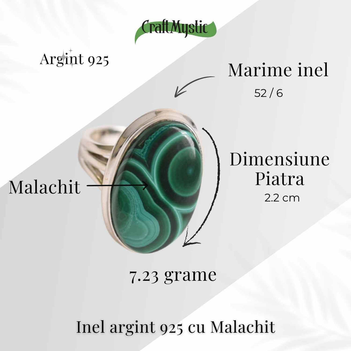 Inel din Argint 925 cu Malachit Natural 8.92 gr M55/7- Protectie Energetica si Echilibru Emotional in Fiecare Zi