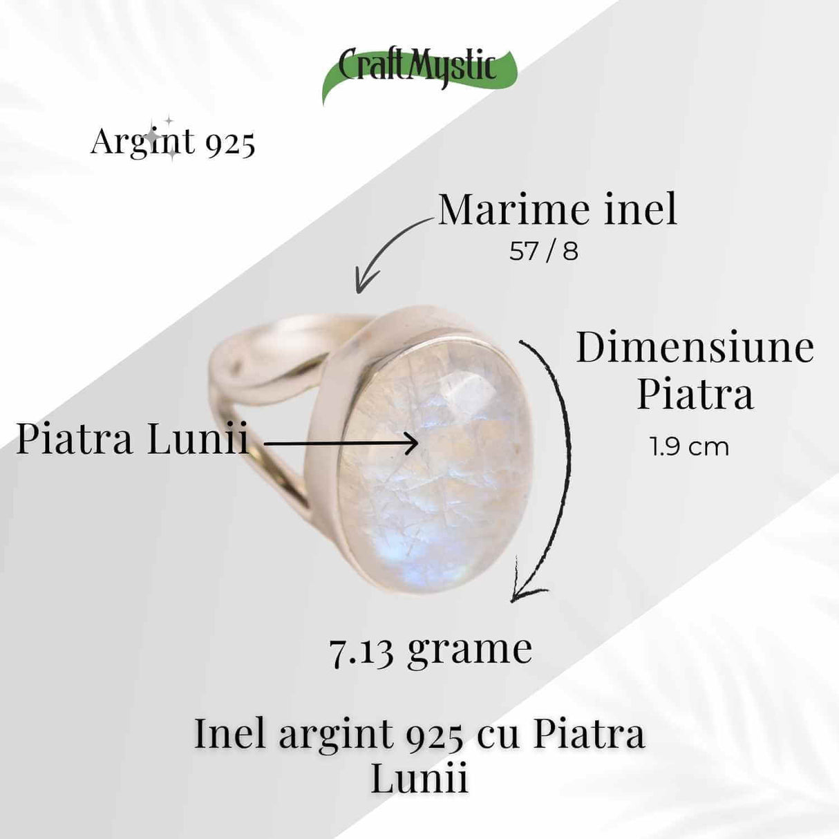 Inel din argint 925 elegant cu Piatra Lunii 7.13 gr, M57 / 8- Armonie emotionala si conexiune cu feminitatea