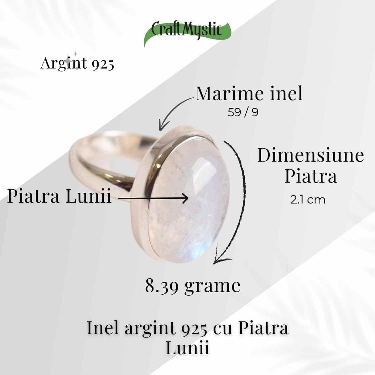 Inel din argint 925 cu Piatra Lunii naturala 8.39 gr M39 / 9- Intuitie, echilibru si eleganta discreta
