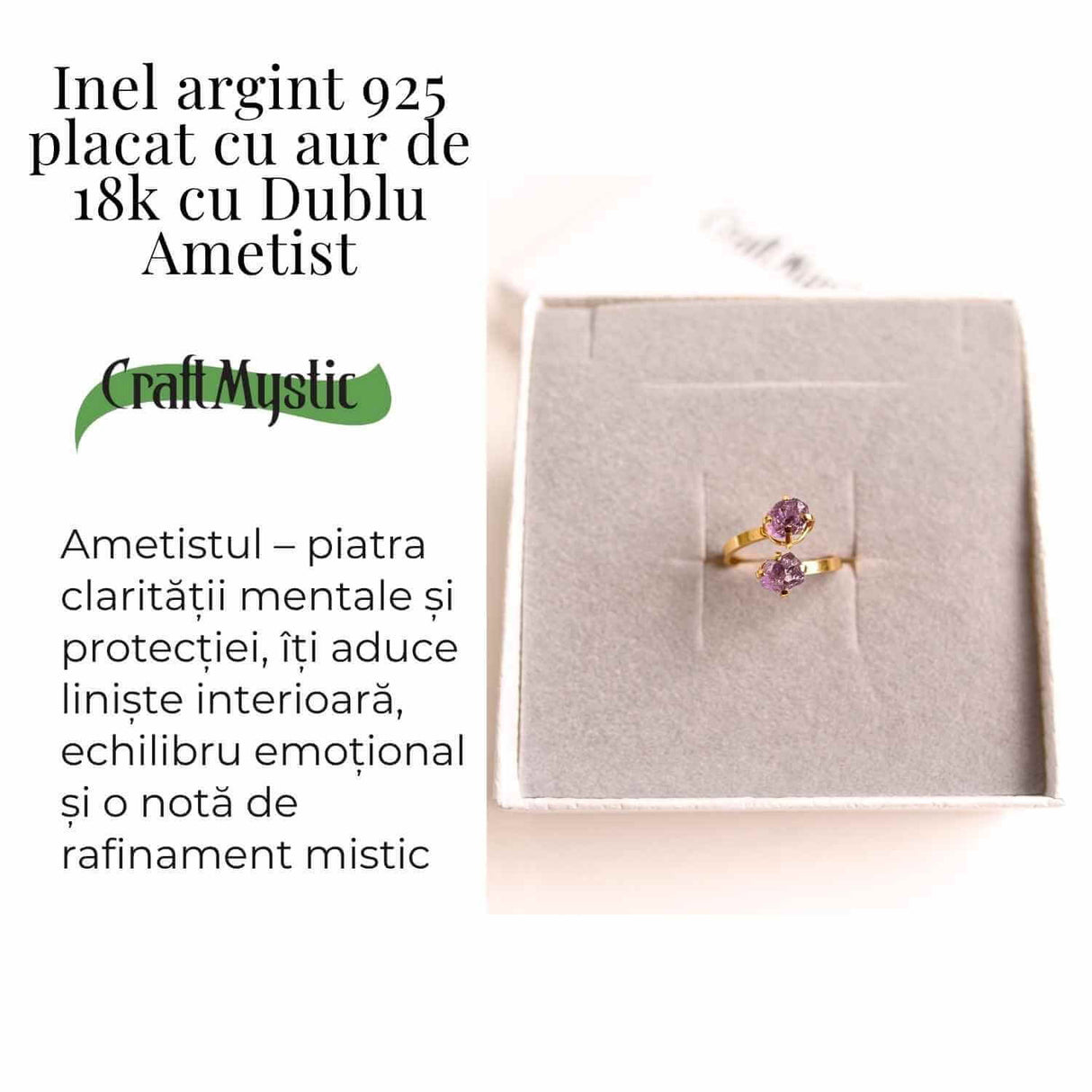 Inel Ajustabil Argint 925 placat cu Aur 18K si Dublu Ametist - Calm si Protectie Energetica