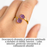 Inel Ajustabil Argint 925 placat cu Aur 18K si Dublu Ametist - Calm si Protectie Energetica