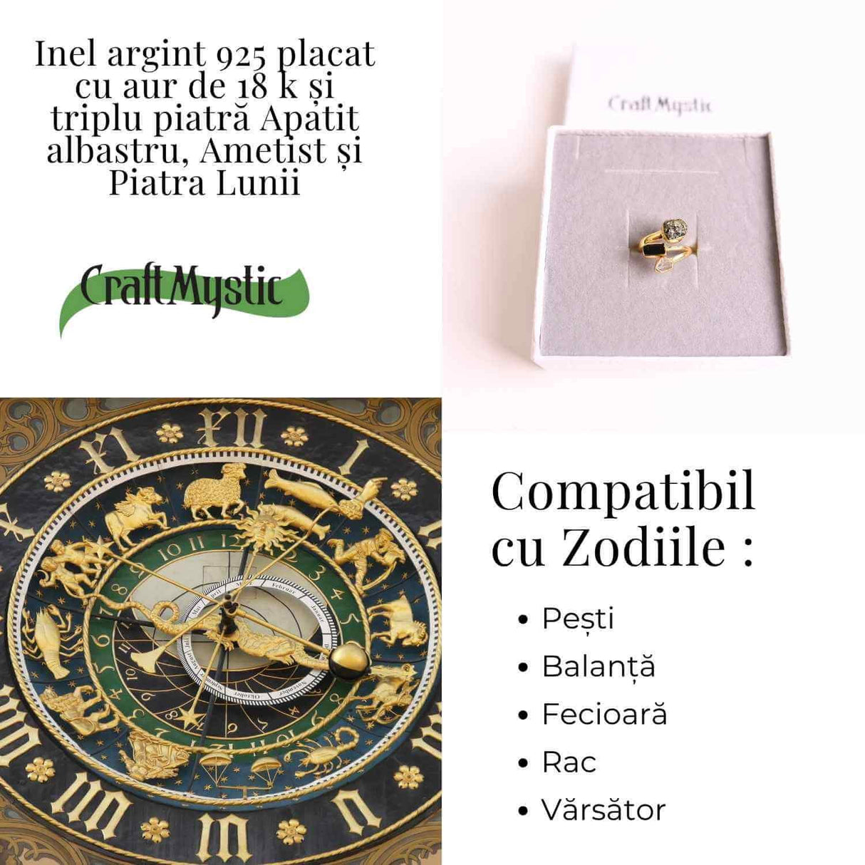 Inel din Argint 925 placat cu Aur de 18K cu Piatra Lunii, Ametist si Apatit Albastru 4.05 gr, M56 / 7.5- Intuitie, Liniste Interioara si Claritate Mentala