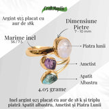 Inel din Argint 925 placat cu Aur de 18K cu Piatra Lunii, Ametist si Apatit Albastru 4.05 gr, M56 / 7.5- Intuitie, Liniste Interioara si Claritate Mentala