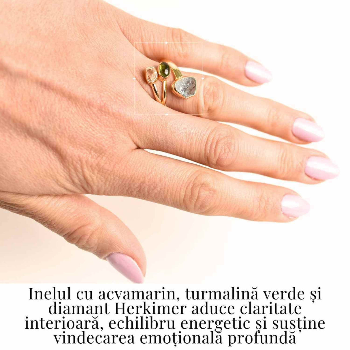 Inel din Argint 925 placat cu Aur de 18K cu Acvamarin, Diamant Herkimer si Turmalina Verde 3.92 gr M55 / 7- Claritate, Vitalitate si Protectie Energetica
