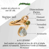 Inel din Argint 925 placat cu Aur de 18K cu Acvamarin, Diamant Herkimer si Turmalina Verde 3.92 gr M55 / 7- Claritate, Vitalitate si Protectie Energetica