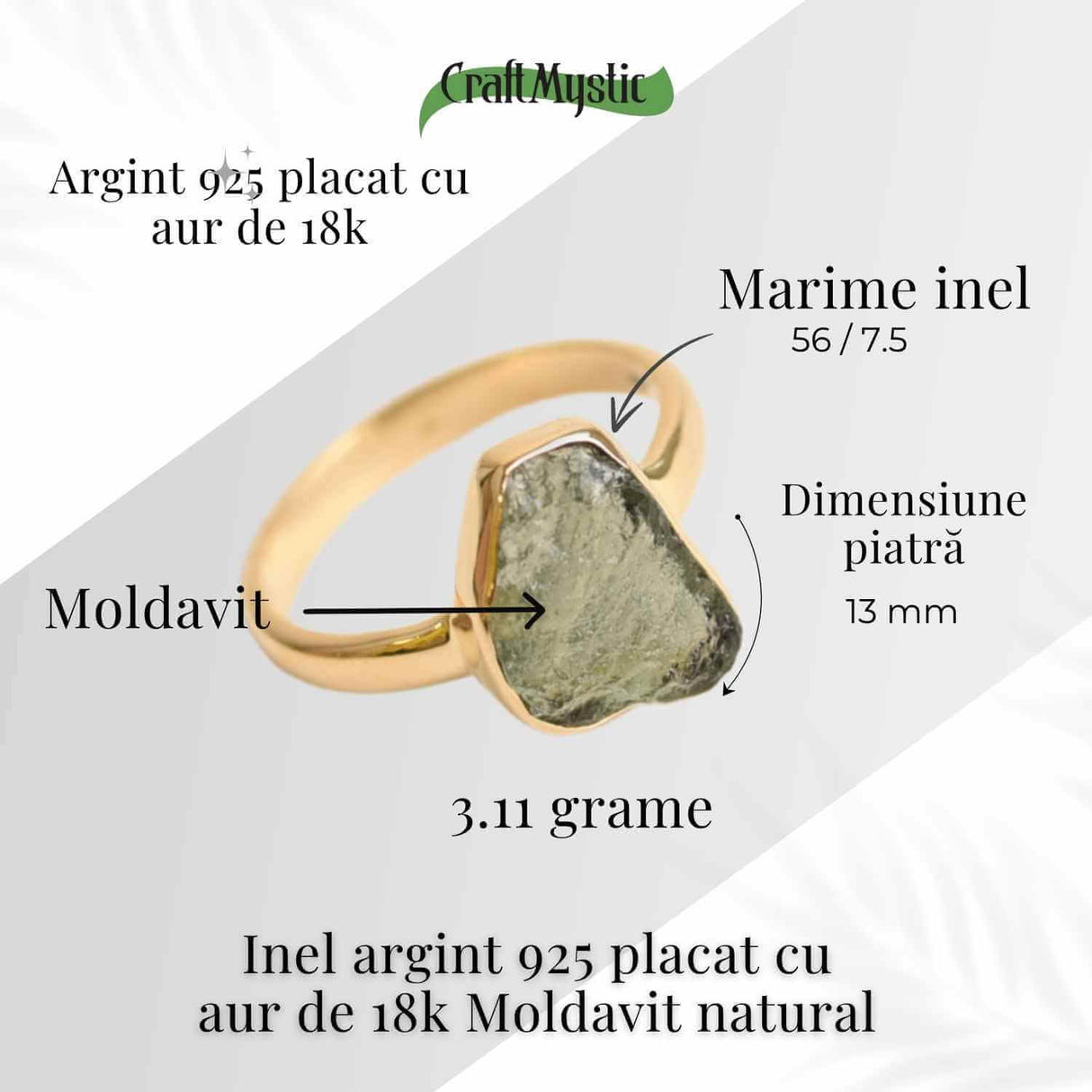 Inel cu Moldavit Natural placat cu Aur de 18K 3.11 gr 56 (EU) / 7.5 (US) - Puterea Schimbarii si Evolutiei Interioare