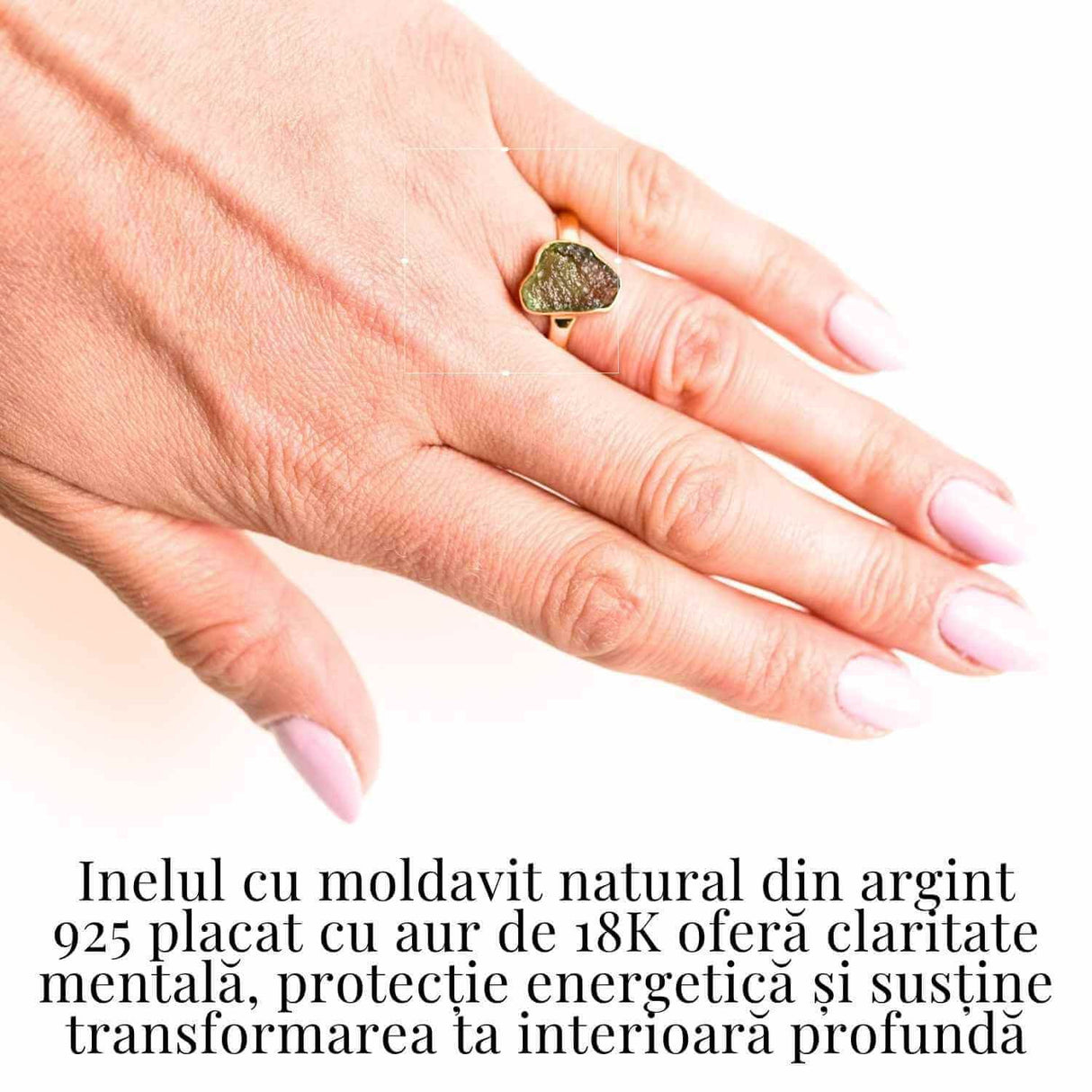 Inel cu Moldavit Natural placat cu Aur de 18K 3.11 gr 56 (EU) / 7.5 (US) - Puterea Schimbarii si Evolutiei Interioare