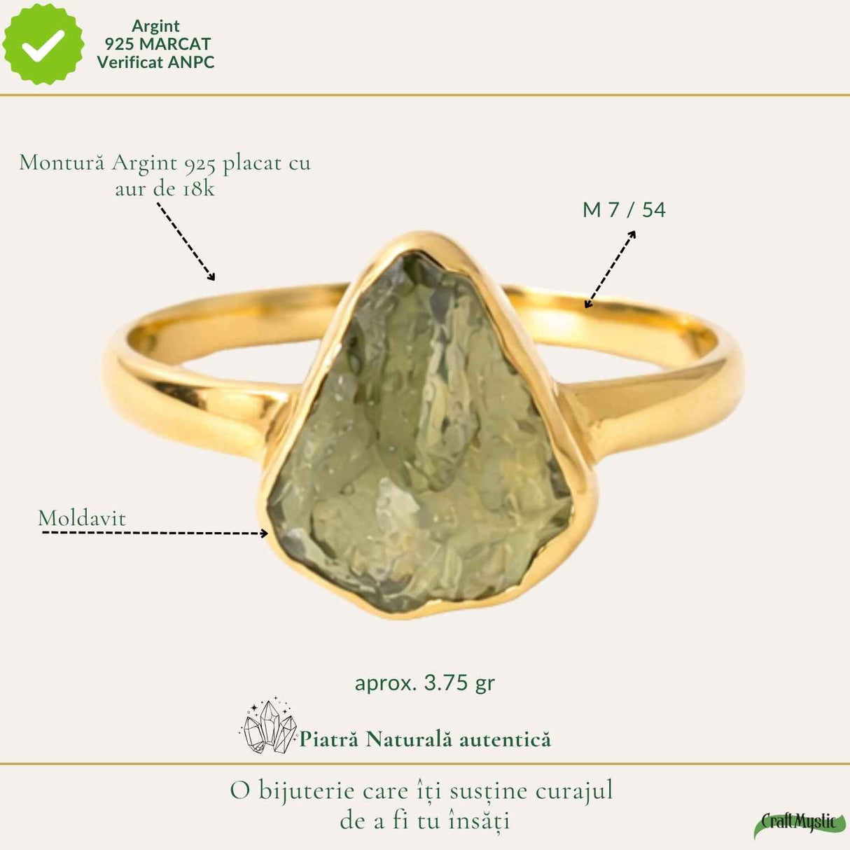 Inel cu Piatra Moldavit Verde, Argint 925 Placat Aur 18K, M7/54 - Echilibru si Evolutie