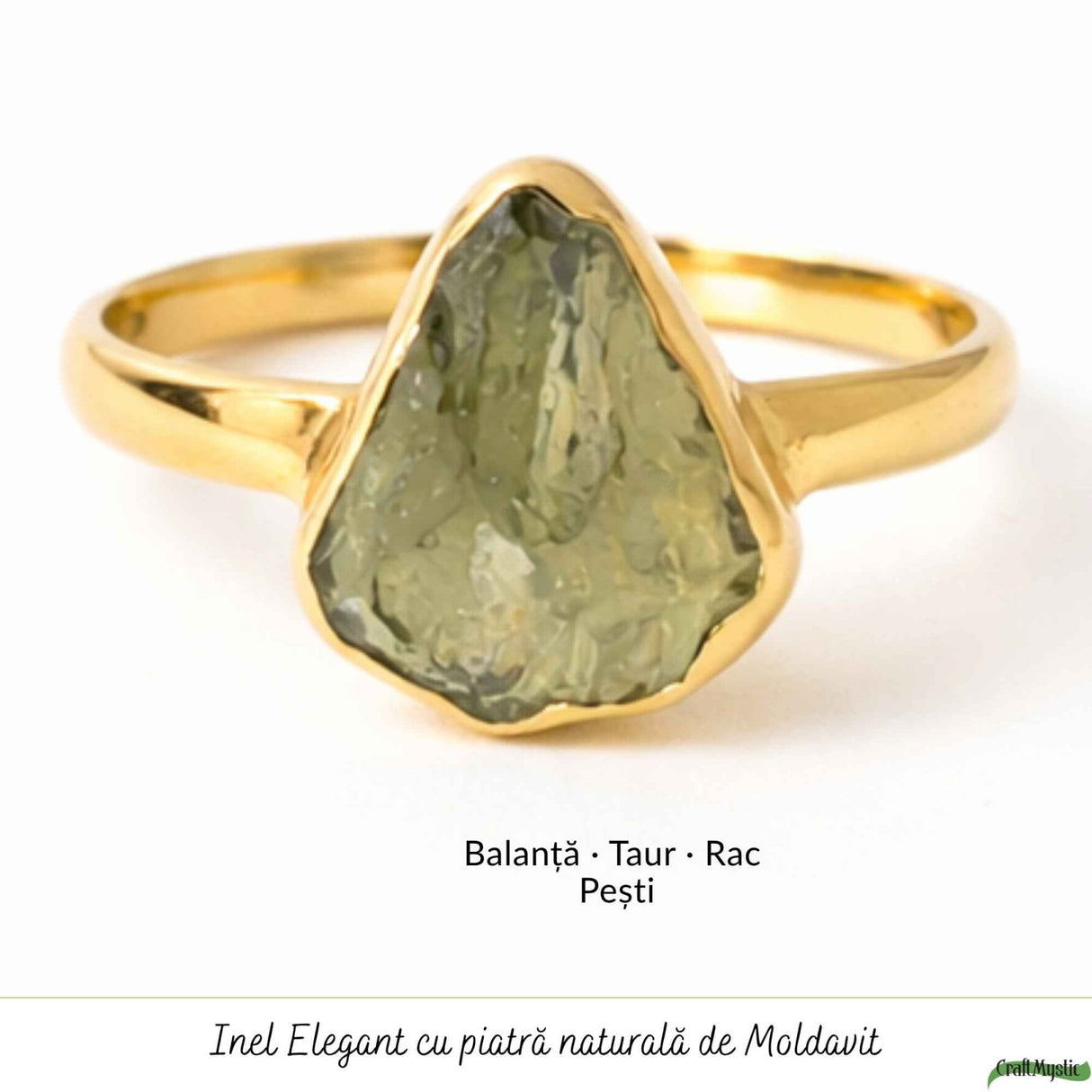 Inel cu Piatra Moldavit Verde, Argint 925 Placat Aur 18K, M7/54 - Echilibru si Evolutie