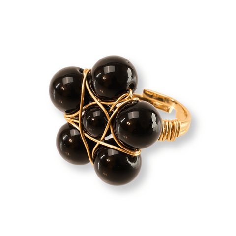 Inel Model Floare Metal Auriu cu Pietre din Obsidian