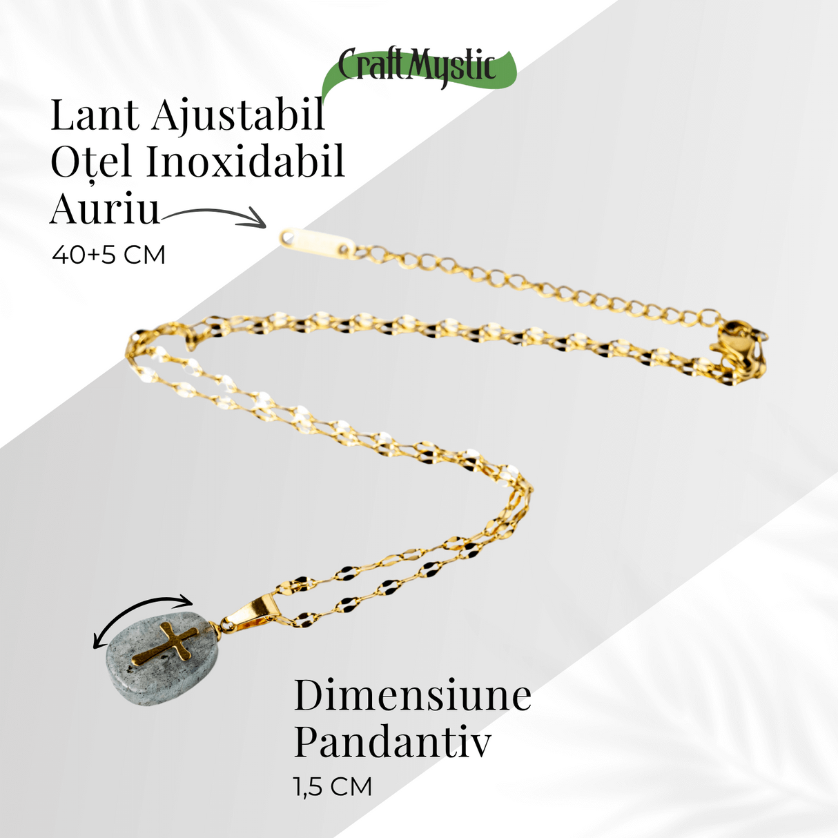 Colier Otel Inoxidabil Auriu cu Labradorit (Spectrolit) si Cruce - Protectie Divina si Lumina Interioara