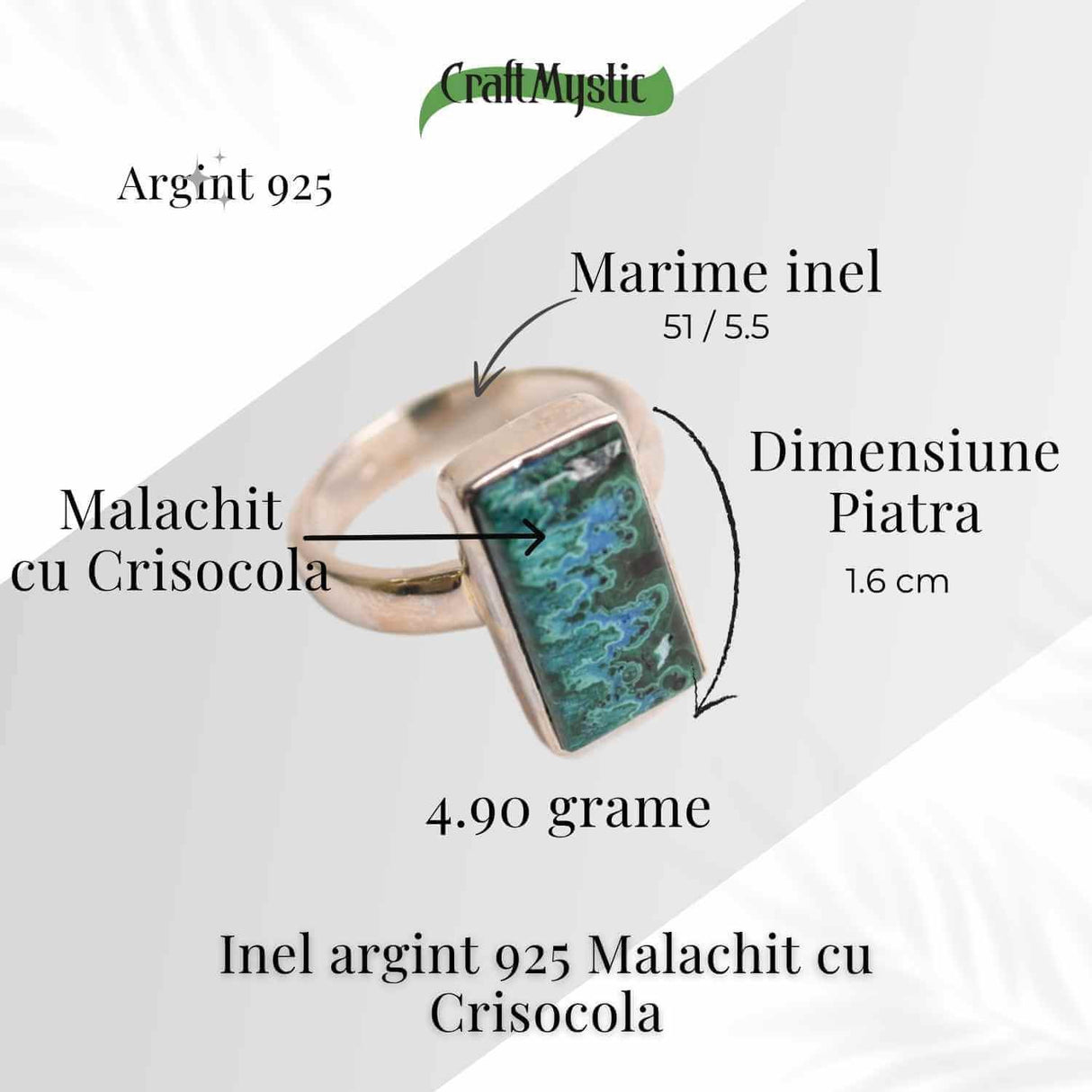 Inel cu Malachit si Crisocola Montura din Argint 925 - Protectie Energetica si Echilibru Emotional, 4.90 gr