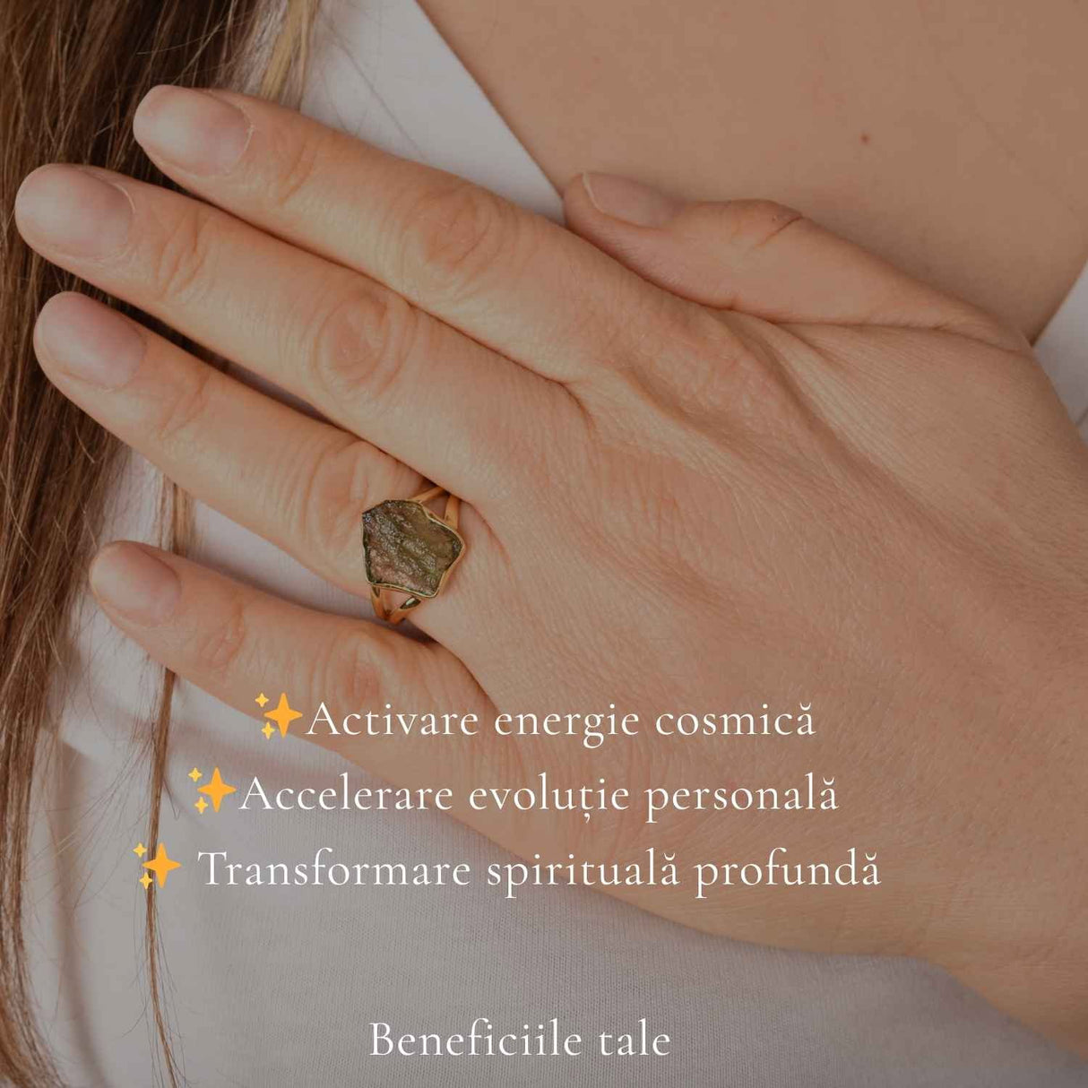 Inel cu Moldavit Natural si Argint 925 Placat cu Aur 18K, M8.5/58- Trezire Spirituala