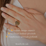 Inel cu Moldavit Natural si Argint 925 Placat cu Aur 18K, M8.5/58- Trezire Spirituala