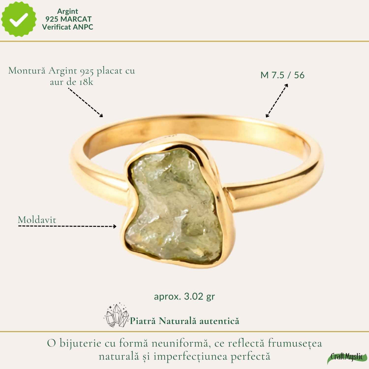 Inel moldavit brut natural si argint 925 placat cu aur de 18k, M7.5/56 – energie autentica si transformare profunda