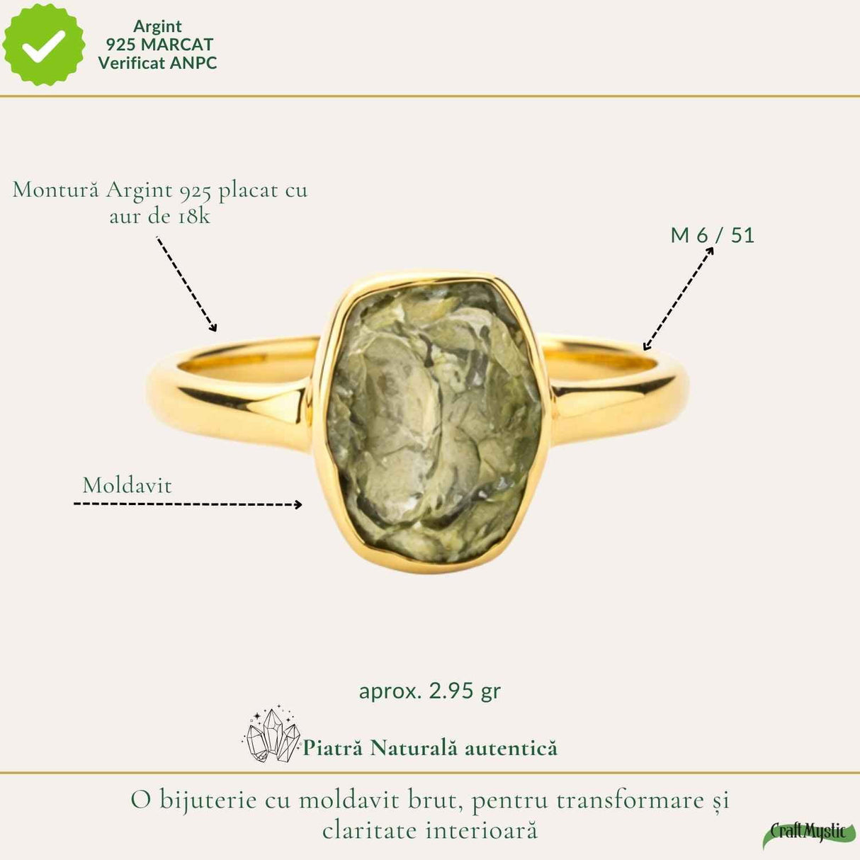 Inel moldavit brut si argint placat cu aur d e18k, M6/51 – transformare si energie autentica