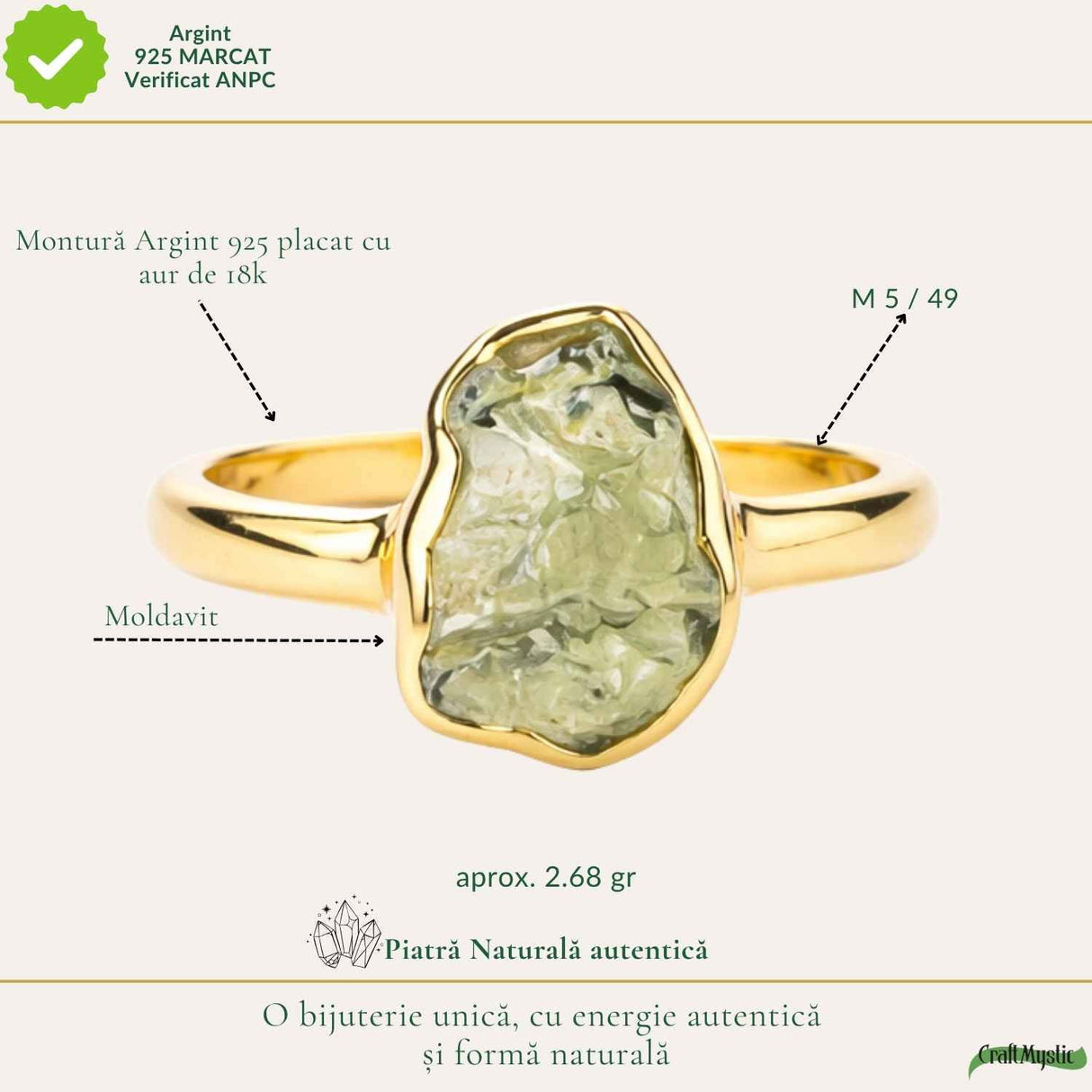 Inel moldavit brut neuniform si argint placat cu aur de 18k, M5/49 – energie transformare si autenticitate