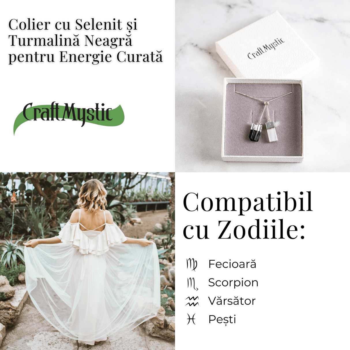 Protectie completa - Colier cu selenit si turmalina neagra pentru energie curata
