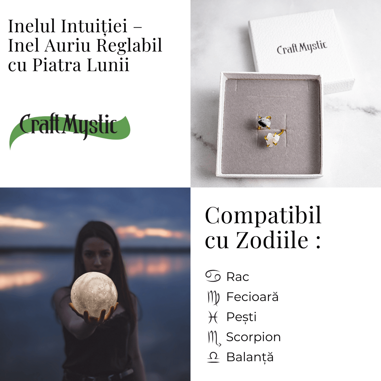 Inelul Intuitiei - Inel Auriu Reglabil cu Piatra Lunii