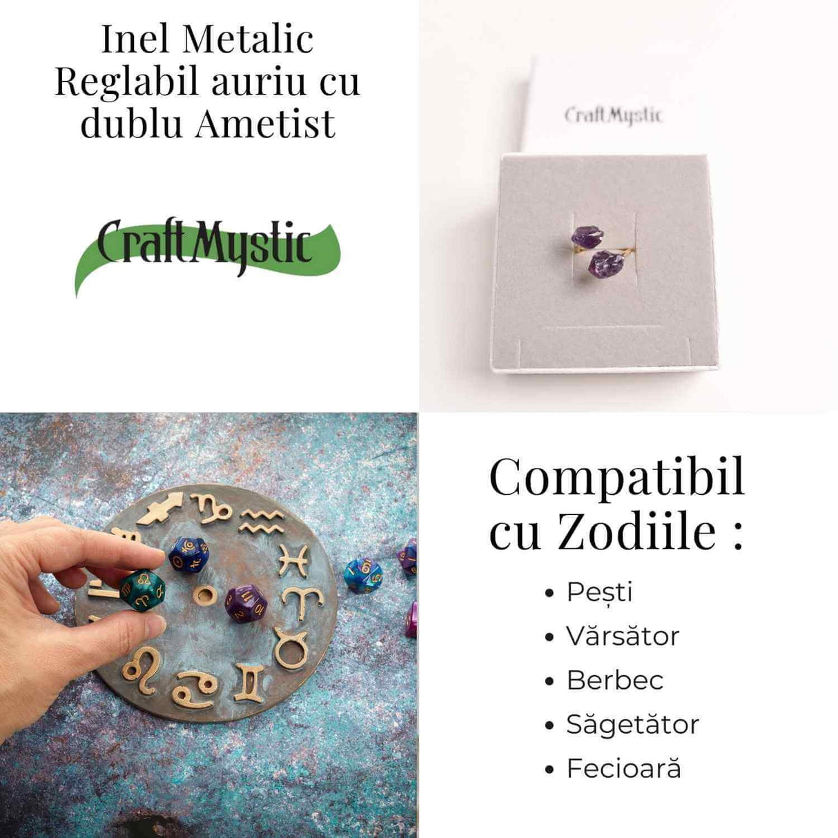 Inel reglabil cu dublu Ametist - Claritate mentala si echilibru spiritual