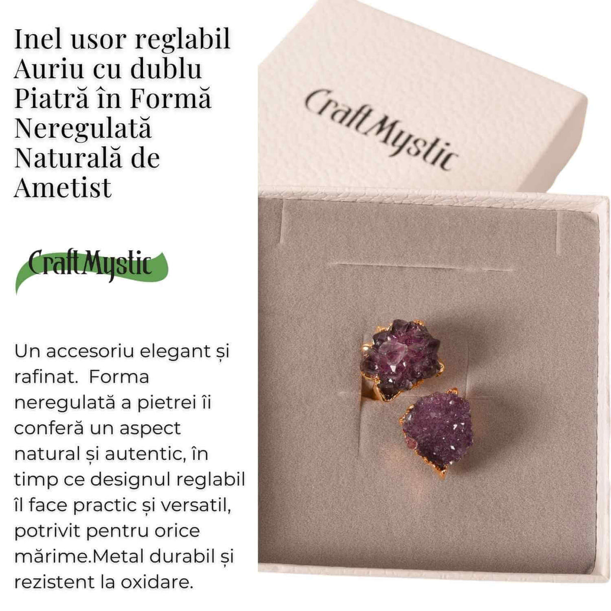 Inel usor Reglabil Auriu cu Dublu Ametist Natural Brut - Claritate Mentals si Echilibru Emotional