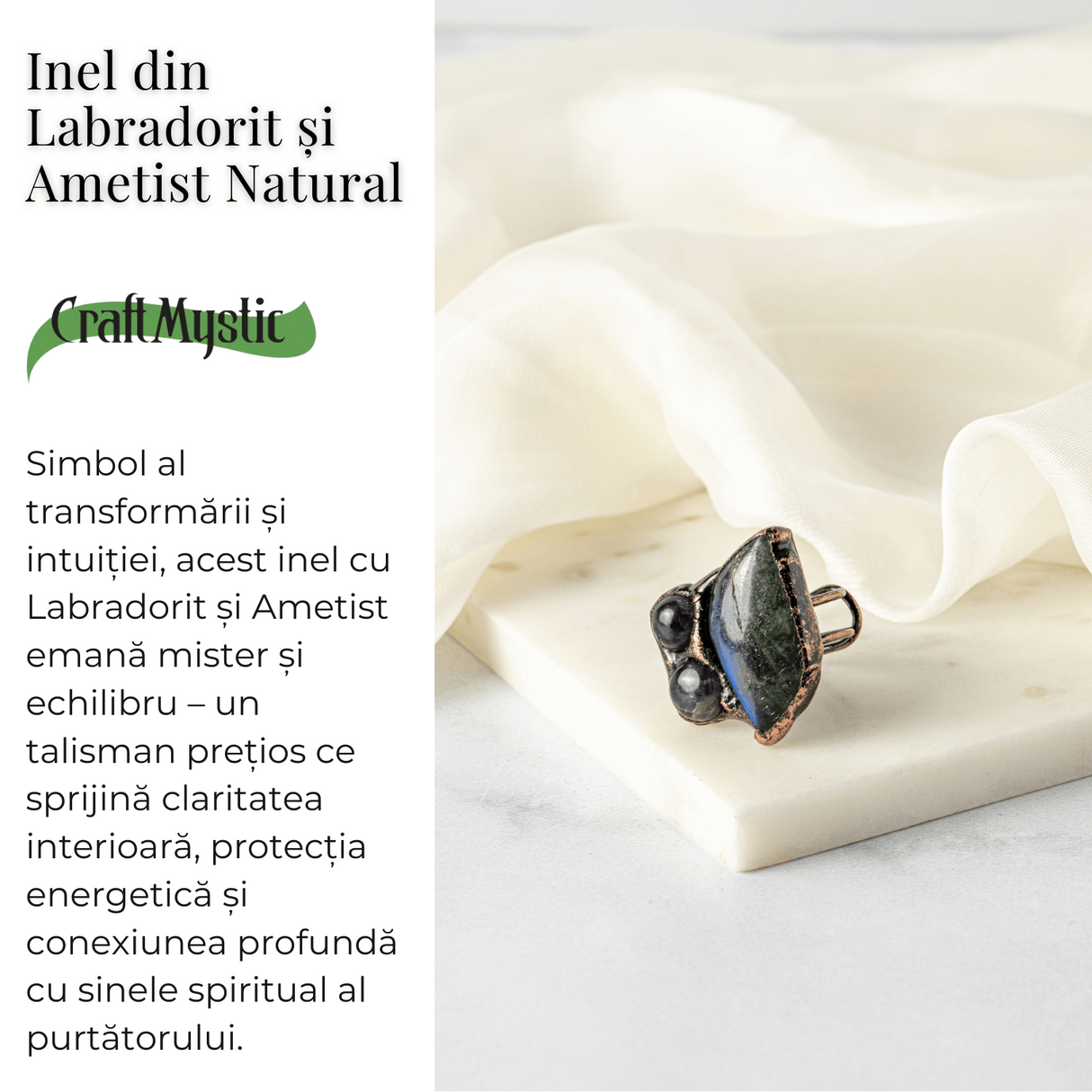 Inel Reglabil din Labradorit si Ametist Natural - Simbol al Intuitiei si Echilibrului Spiritual