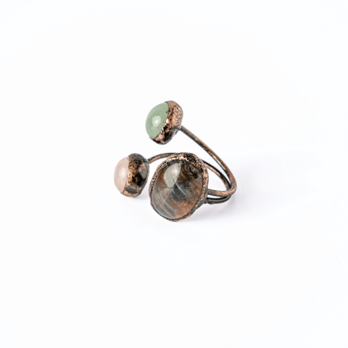 Adjustable Copper Ring with Labradorite, Rose Quartz, and Natural Green Aventurine - Harmony, love, and prosperity