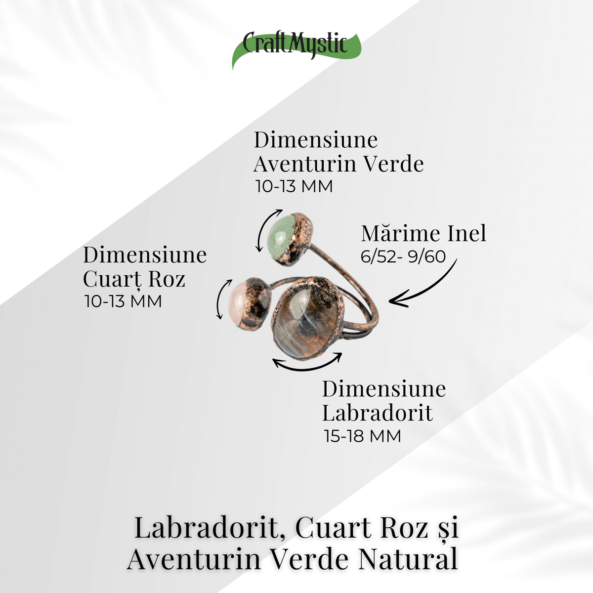 Adjustable Copper Ring with Labradorite, Rose Quartz, and Natural Green Aventurine - Harmony, love, and prosperity