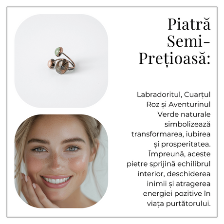 Inel reglabil din aliaj de cupru cu Labradorit, Cuarț Roz și Aventurin Verde natural - Armonie, iubire și prosperitate