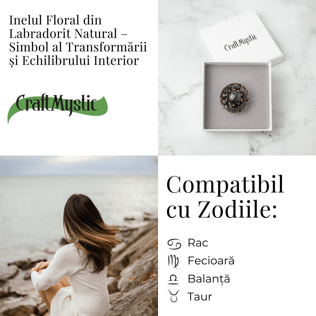 Inel Floral din Cupru cu Labradorit Natural - Talisman al Transformarii si Protectiei Interioare