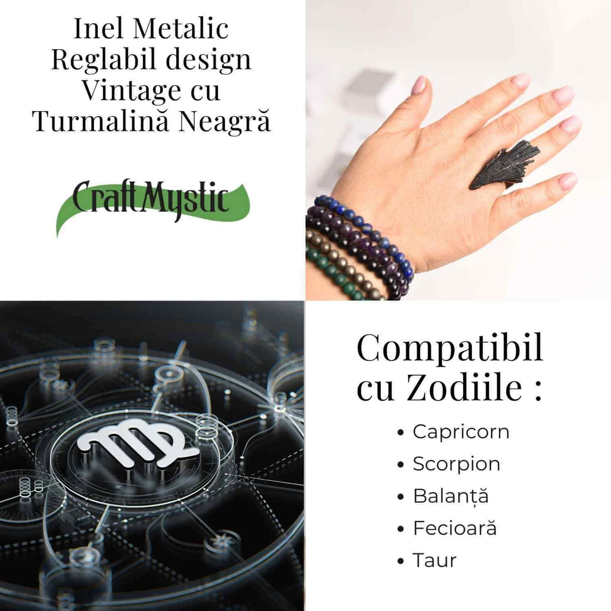 Inel Reglabil Vintage cu Turmalina Neagra aripa - Protectie si echilibru energetic